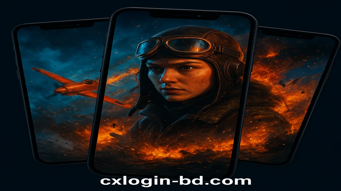 cx login গগলস পরা নারী পাইলট এবং লাল বিমান মহাকাশ ও আগুনের মাঝে উড়ছে, ওপরে অ্যাভিয়েটর গেম শিরোনাম।