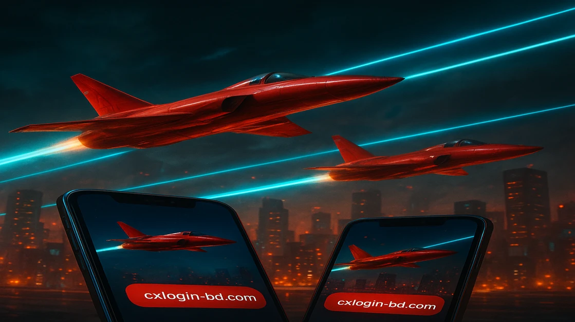 cx login প্ল্যাটফর্মে ঢাকার neon-আলোয় জ্বলন্ত শহরের ওপর লাল বিমান উড়ছে, বহু স্মার্টফোনে অ্যাভিয়েটর গেম ইন্টারফেস দেখানো হচ্ছে।