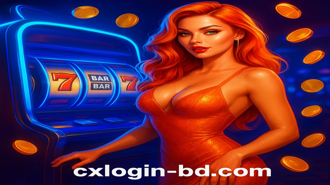 cx login এর আরকেড গেমিং প্ল্যাটফর্মের নিকটে, কমলা বর্ণের বানি-সুট পরা লালচুলা এক নারী উড়ন্ত টোকেনগুলোর মাঝে দাঁড়িয়ে উল্লাসময় দৃশ্য তৈরি করছেন।