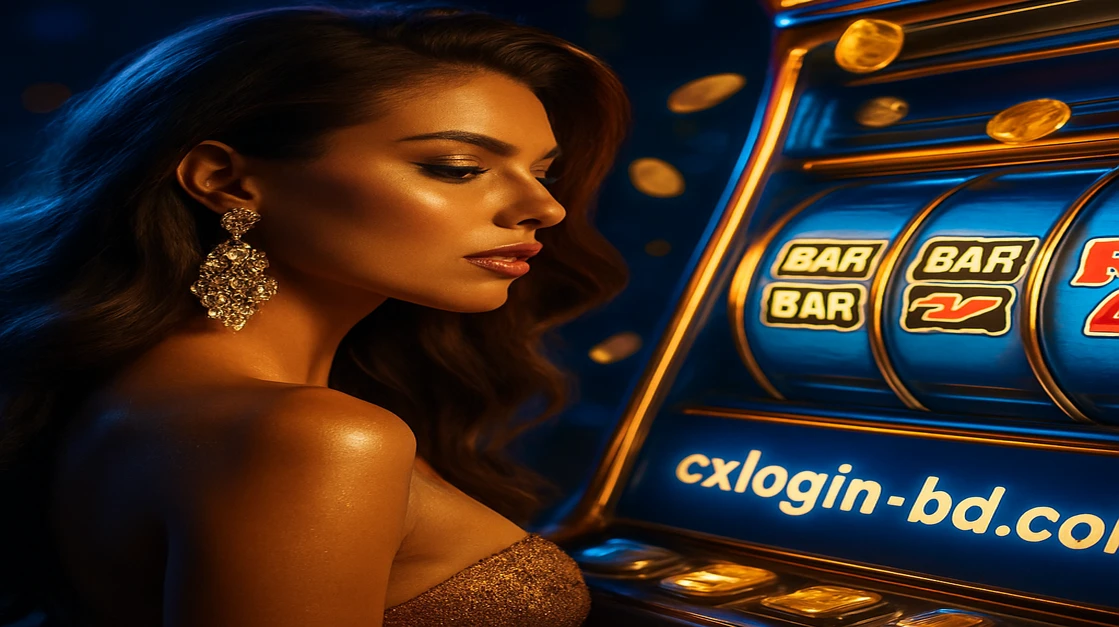 cx login দ্বারা চালিত একটি গাঢ় গাউন-ধারণকারী রুচিসম্মত নারী জ্বলন্ত আর্কেড গেমের পাশে, যেখানে ৭৭৭ প্রতীক ও উড়ন্ত সোনার কয়েন দেখা যায়।