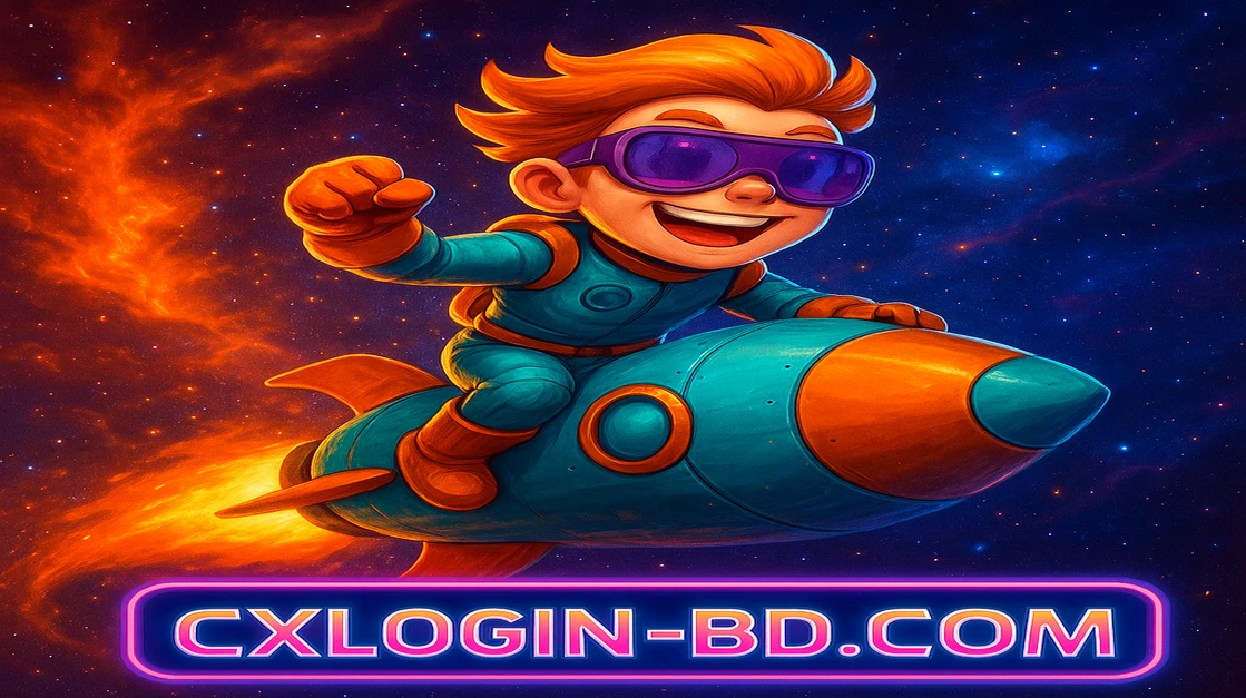 cx login একটি কার্টুন চরিত্র, ভবিষ্যৎ-সদৃশ পাইলট স্যুট ও সানগ্লাস পরা, একটি রকেটে চড়ে রঙিন মহাজগতের মধ্য দিয়ে যাচ্ছে; নিচে JetX শিরোনামটি জ্বলজ্বল করছে।