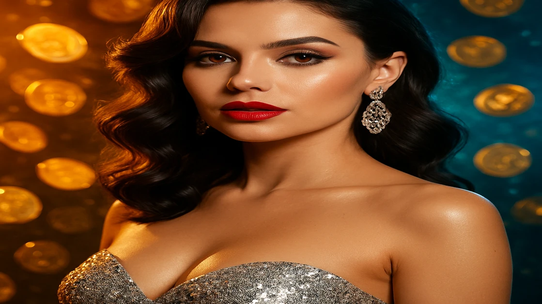 ঝলমলে পোশাকে এক গ্ল্যামারাস নারী, চারপাশে ভাসমান সোনালি কয়েন ও জ্বলন্ত গেমিং প্ল্যাটফর্ম-থিমায় সাজানো পটভূমি সহ, cx login ব্র্যান্ডিং স্পর্শে।