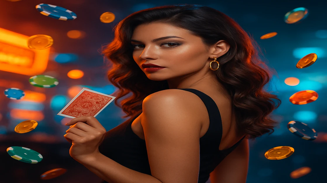 হালকা সোনালি চুলের একজন নারী কালো পোশাক পরা, লাল খেলার কার্ড হাতে; চারপাশে ভাসমান বিটকয়েন ও রত্ন এবং জ্বলন্ত পটভূমি, cx login ব্র্যান্ডিং সহ।