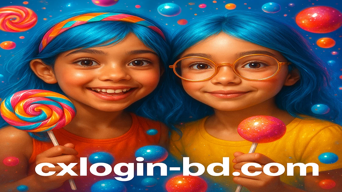 cx login-এর ডিজাইন করা দুটি কার্টুন মেয়ে, ললিপপ ও রঙিন ক্যান্ডি তাদের চারপাশে উড়ছে, নিচে মিষ্টি বোনাঞ্জা লেখা আছে।
